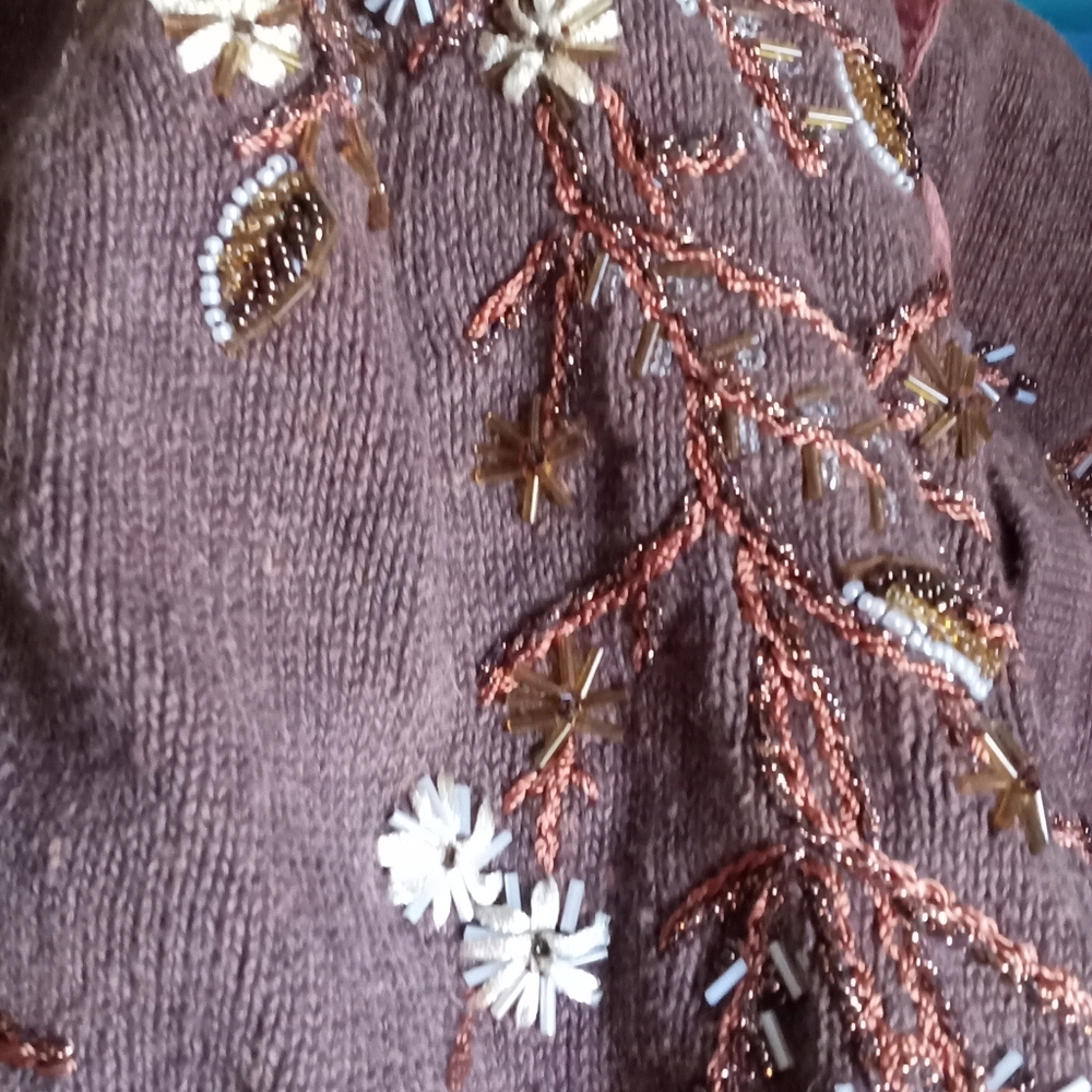 TIARA International Rich Brown Beads Embroidery Velvet Facing Cardigan-Size: M - Picture 5 of 15